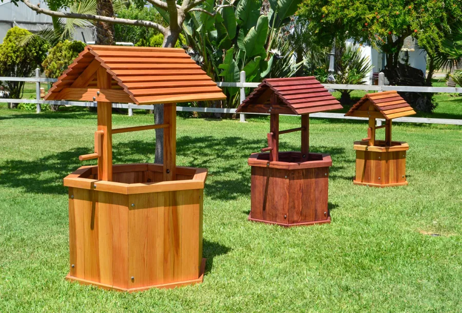 Wishing Wells (Options: Left [Large 32", Douglas-fir, Transparent Premium Sealant], Center [Standard 27", Douglas-fir, Cherry Stain Premium Sealant] & Right [Kid's 22", Redwood, Transparent Premium Sealant]).