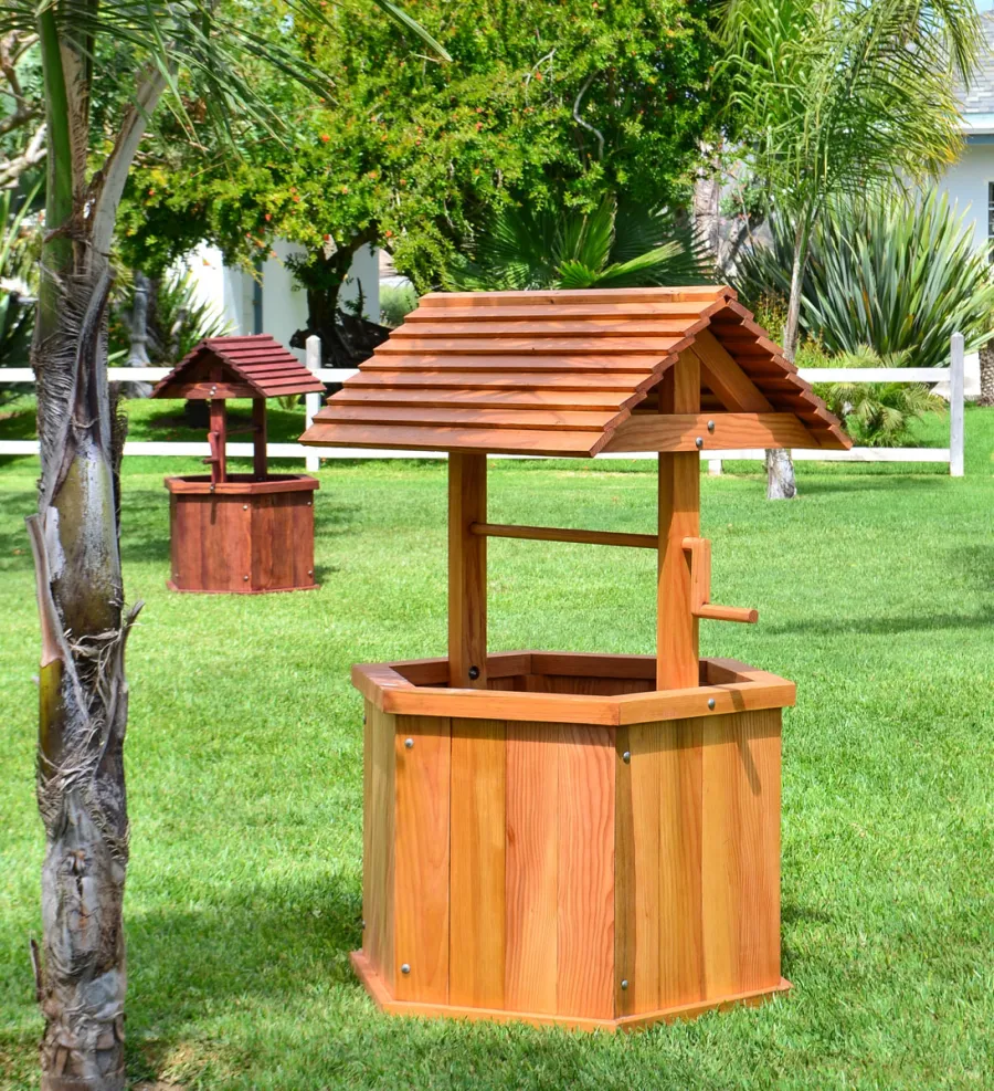 Wishing Wells (Options: In Front [Large 32", Douglas-fir, Transparent Premium Sealant], In Background [Standard 27", Douglas-fir, Cherry Stain Premium Sealant]).