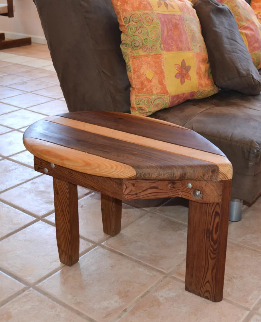 Wood Surfboard Coffee Table (Options: 30" x 18", Old-Growth Redwood and Douglas-Fir, 18" H, Transparent Premium Sealant).