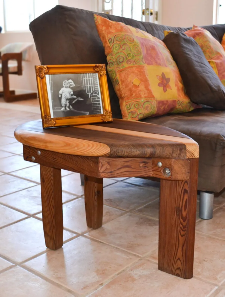 Wood Surfboard Coffee Table (Options: 30" x 18", Old-Growth Redwood and Douglas-Fir, 18" H, Transparent Premium Sealant).