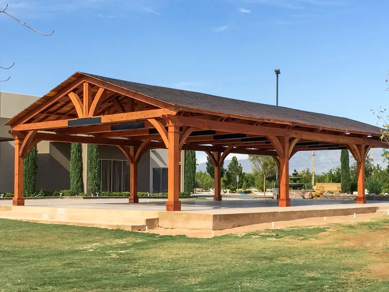 A custom redwood pavilion standing finished in El Paso, Texas