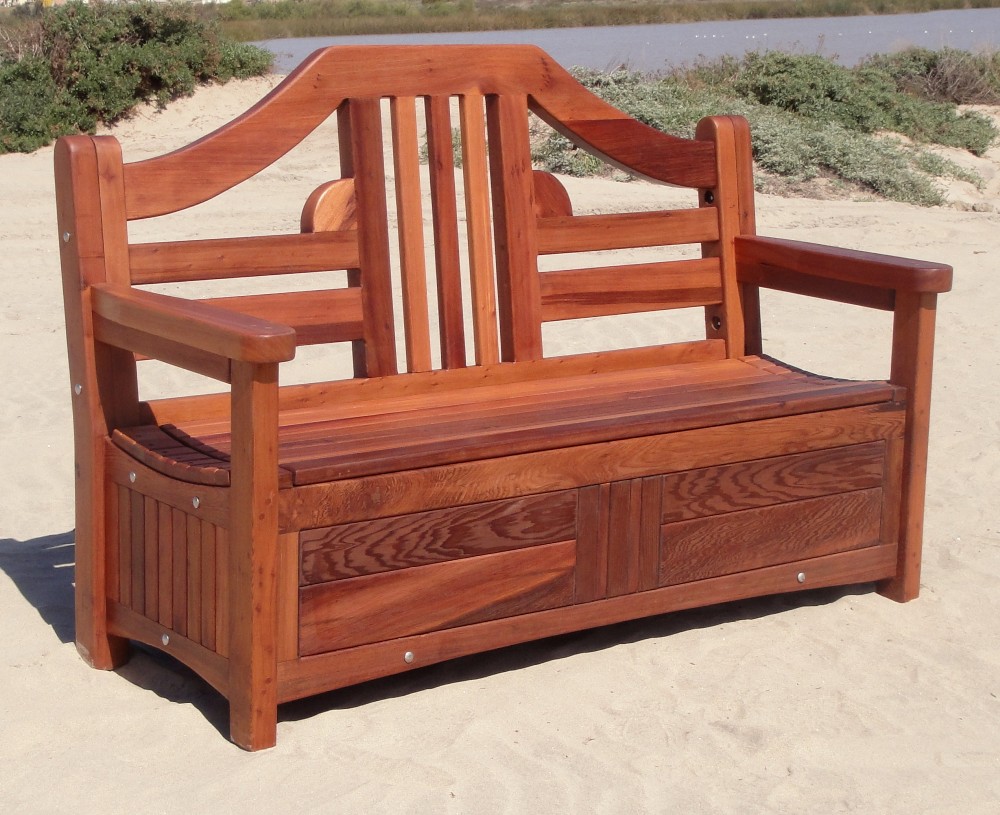 Redwood Storage Bench Custom Outdoor, Wood Bench With Storage And Cushion
