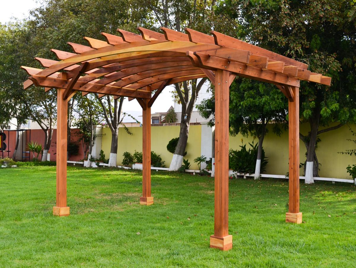 Arched Open Sky Pergolas (Options: 10' L x 14' Arc W, California Redwood, Unattached, 2 Posts - Electrical Wiring Cutout & Trim [see left most post for detail], Arched Roof without Lattice Panels, 4-Post Anchor Kit for Concrete, No Ceiling Fan Base, No Privacy Panels, No Curtain Rods, 9' Post Height, Transparen​t Premium Sealant).