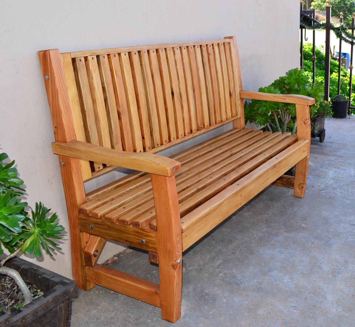 Handcrafted Wood Bench with Slats, Custom Redwood Seating