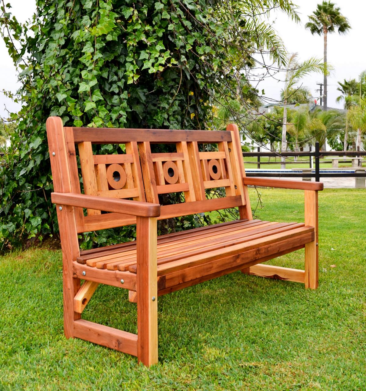 Caneel Bay Garden Bench (Options: 5 ft, California Redwood, No Cushion, No Engraving, Transparent Premium Sealant).
