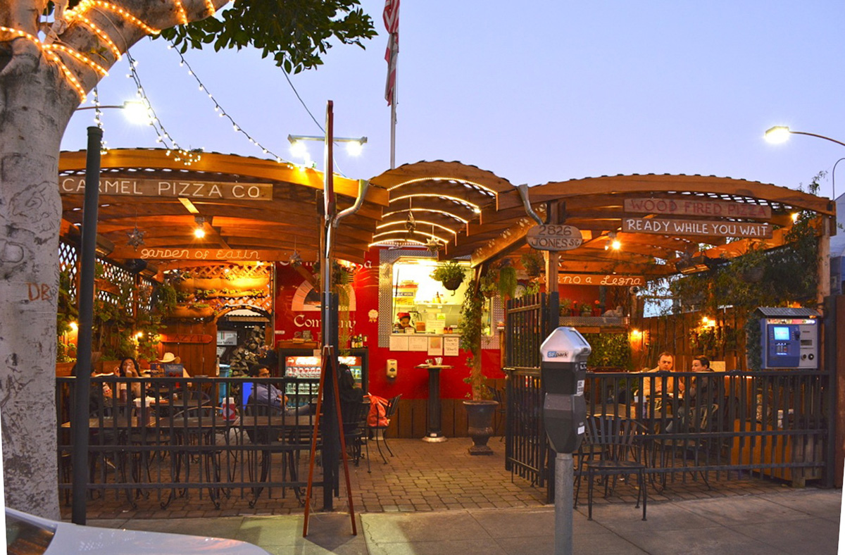 Custom Wooden Pergola (Options: Mature Redwood, Transparent Premium Sealant). Photo Courtesy of Carmel Pizza Company of San Francisco, CA.