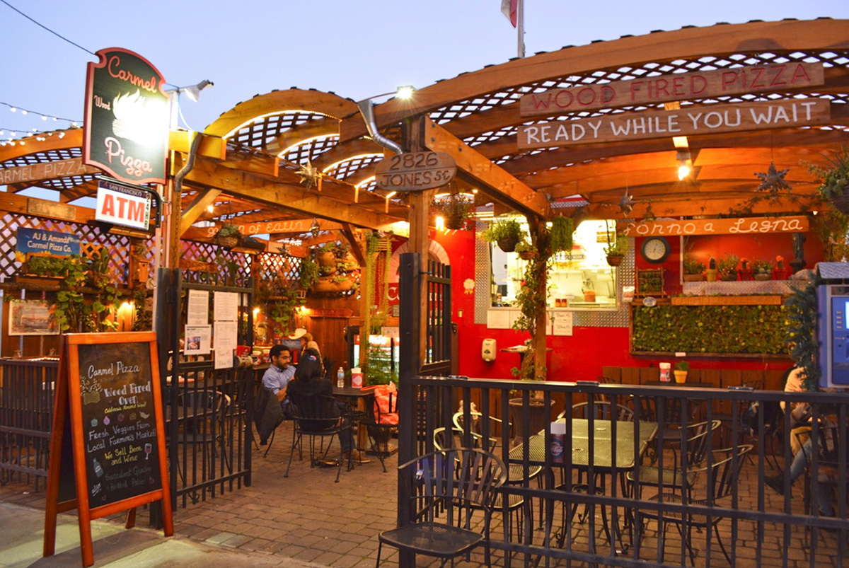 Custom Wooden Pergola (Options: Mature Redwood, Transparent Premium Sealant). Photo Courtesy of Carmel Pizza Company of San Francisco, CA.