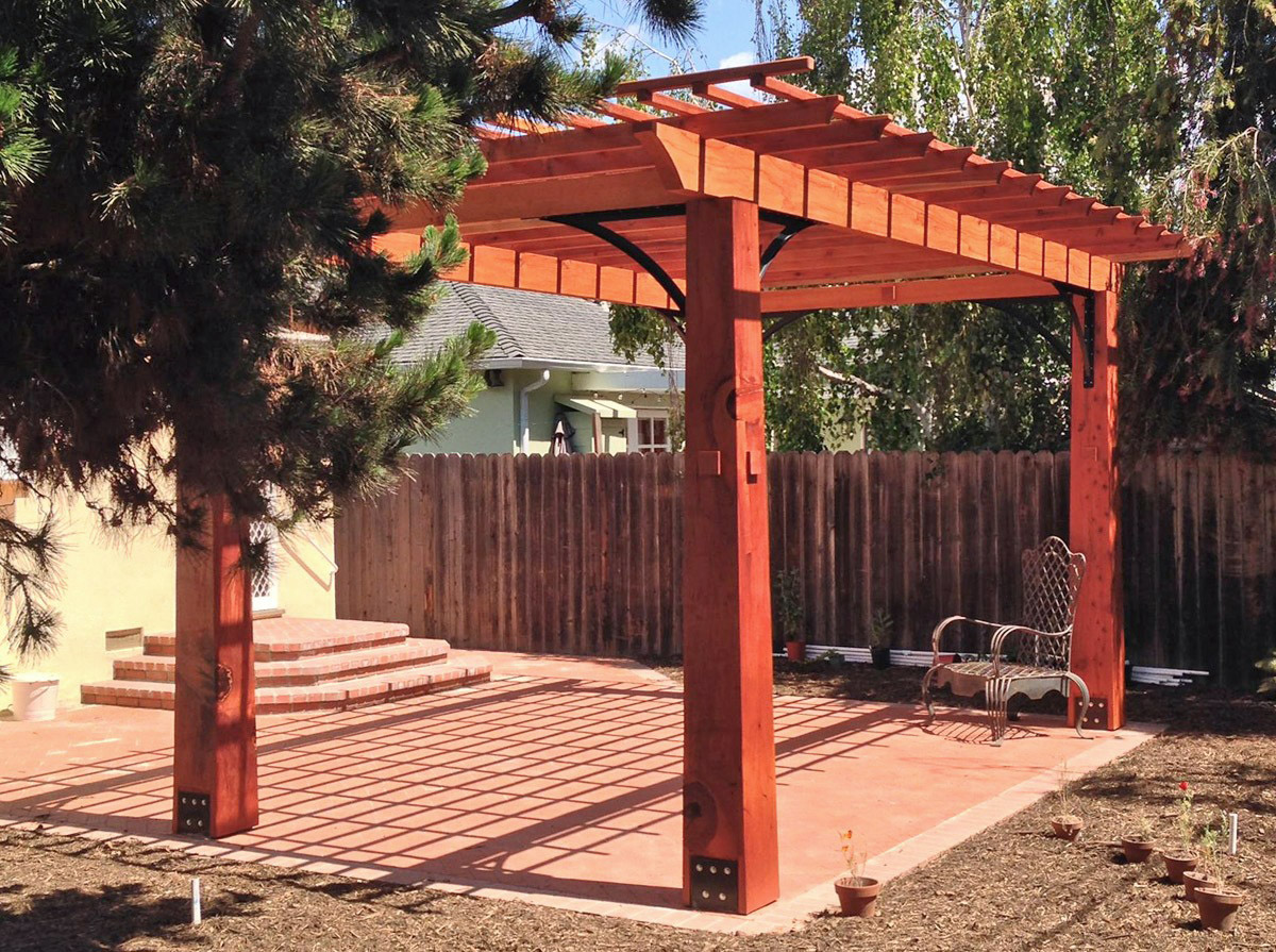 Custom Wooden Fat Timber Pergola (Options: 20'-6" x 13'-4", Mature Redwood, Larger Timbers and Metal Diagonal Braces by Custom Request). Photo Courtesy of John & Marilyn Raffensperger of Santa Monica, CA