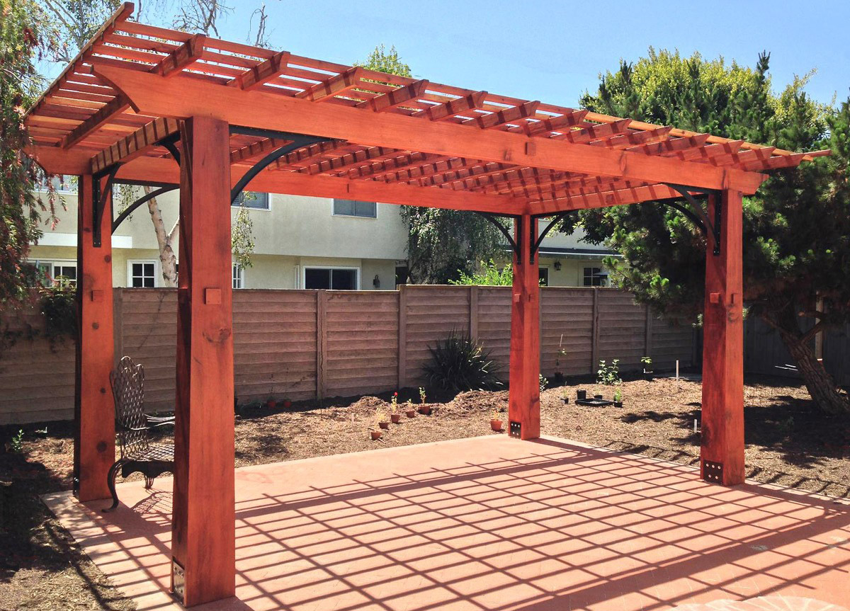 Custom Wooden Fat Timber Pergola (Options: 20'-6" x 13'-4", Mature Redwood, Larger Timbers and Metal Diagonal Braces by Custom Request). Photo Courtesy of John & Marilyn Raffensperger of Santa Monica, CA