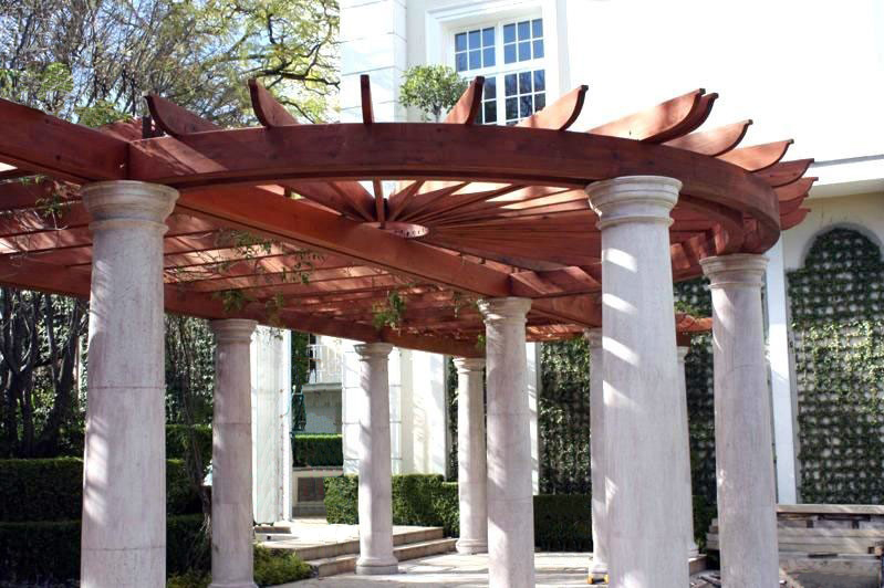 Custom Wooden Pergola (Options: 60' L, Old-Growth Redwood, No Posts, Transparent Premium Sealant). Central Circular structure detail of Roof for a Museum in Mexico City, Mexico. 