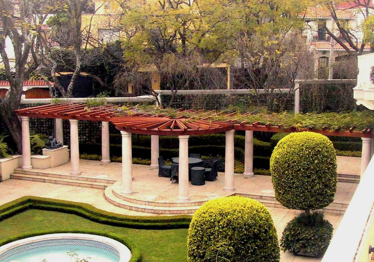 Custom Wooden Pergola (Options: 60' L, Old-Growth Redwood, Transparent Premium Sealant). Roof for a Museum in Mexico City, Mexico. 
