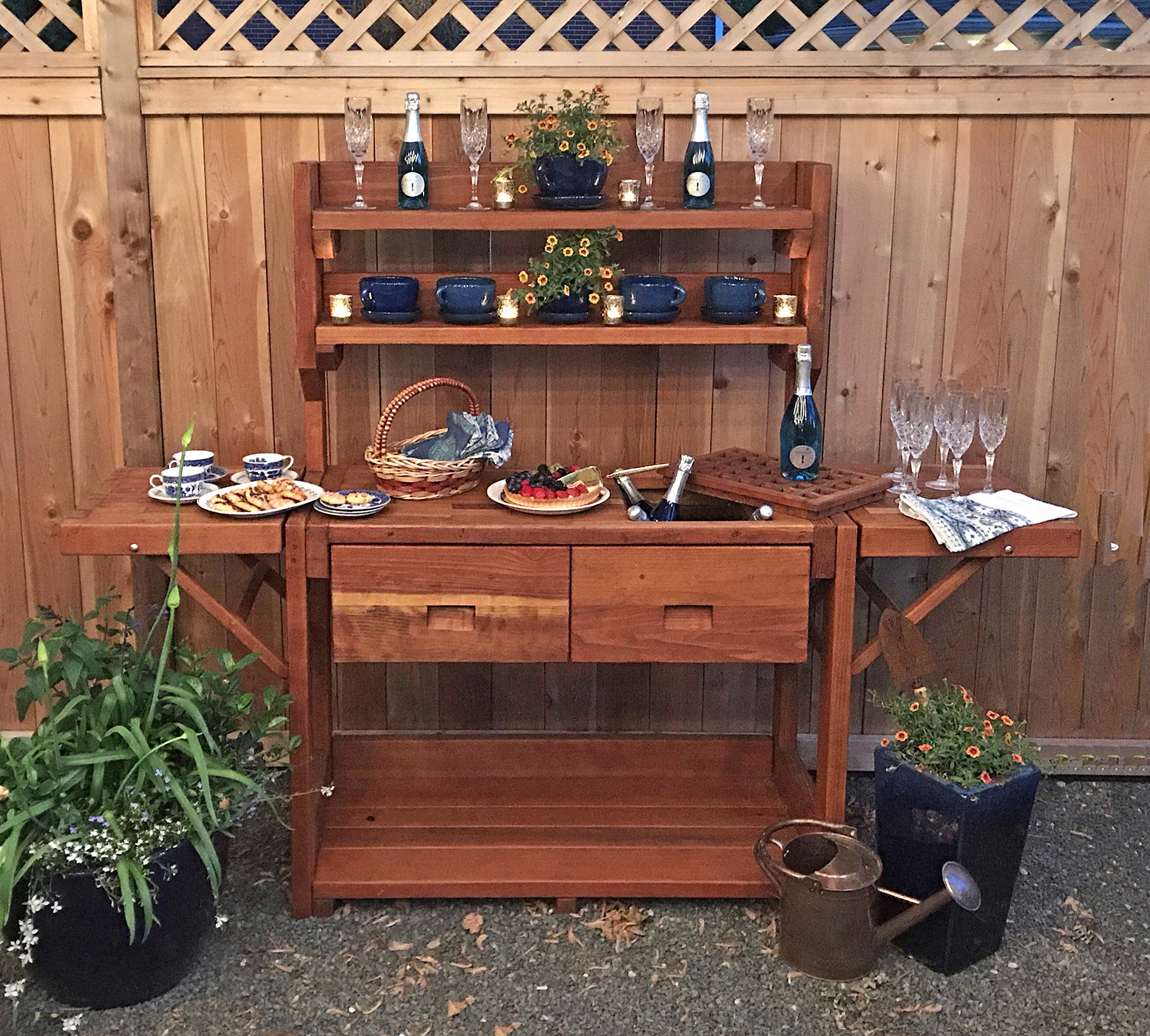 Redwood Potting Bench, Custom Outdoor Wood Bench