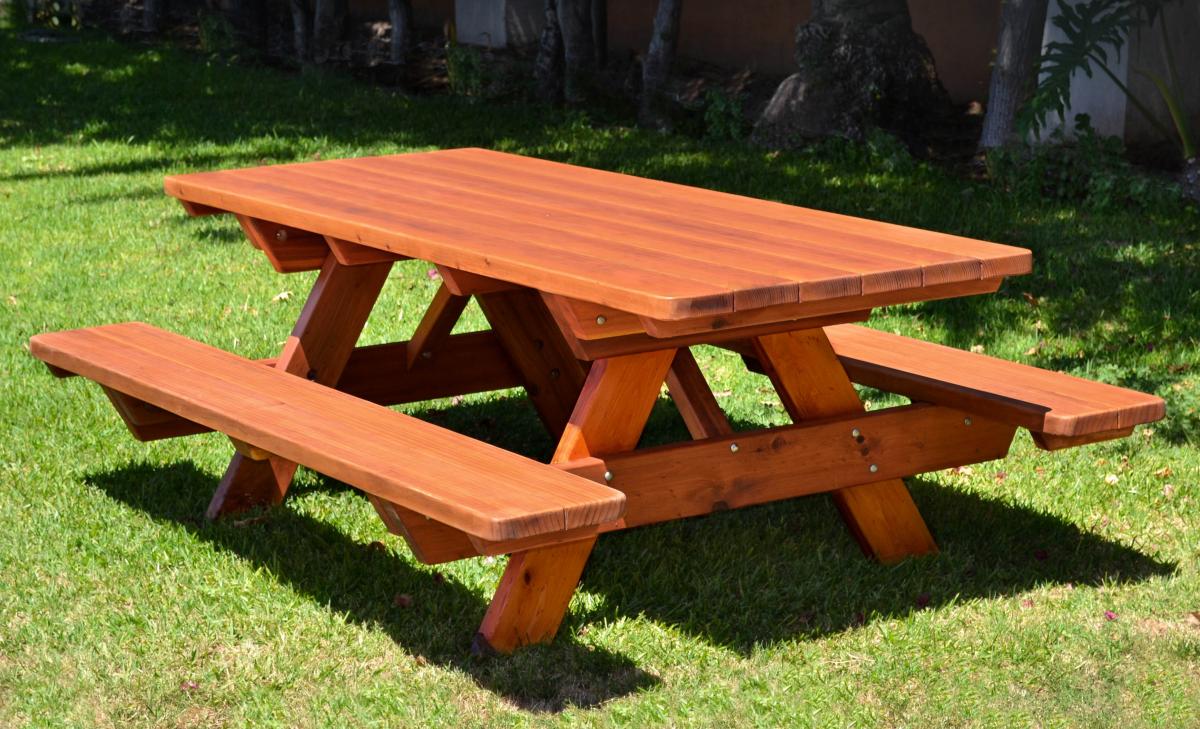 Forever Picnic Tables (Attached Benches) (Options:7' L, 34 1/2" W, Side Benches, Mature Redwood, Standard Tabletop, Rounded Corners, No Umbrella Hole, Transparent Premium Sealant).