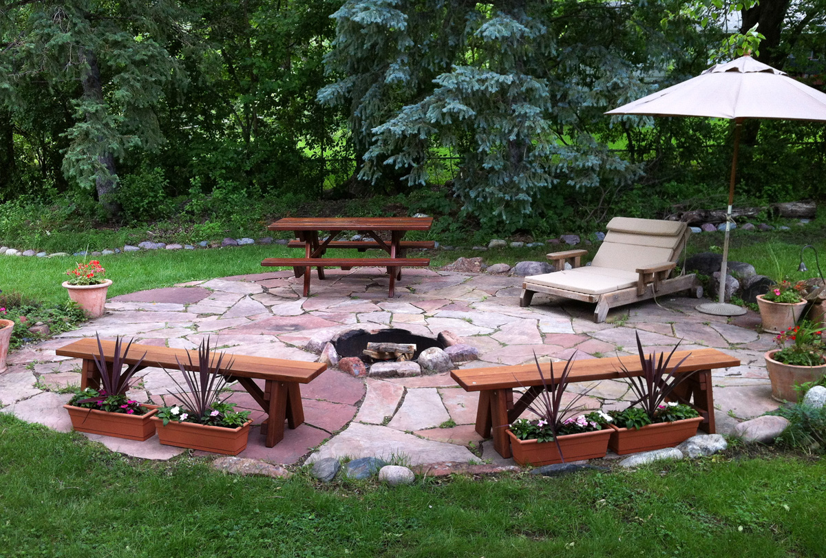 Forever Picnic Tables (Attached Benches) (Options: 6' L, 34 1/2" W, Side Benches, Old-Growth Redwood, Standard Tabletop, Rounded Corners, Umbrella Hole, Transparent Premium Sealant). Photo Courtesy of M. Wolf of Golden Valley, Minnesota.