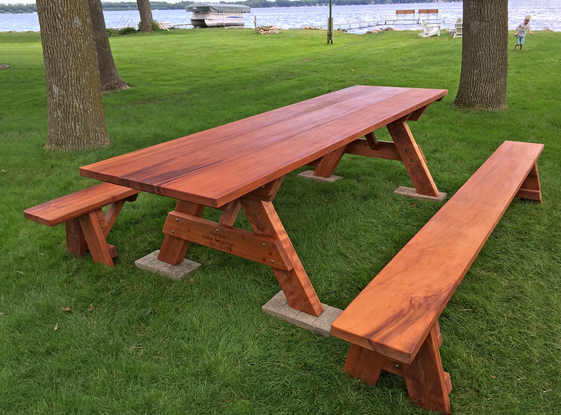Wooden picnic table and benches