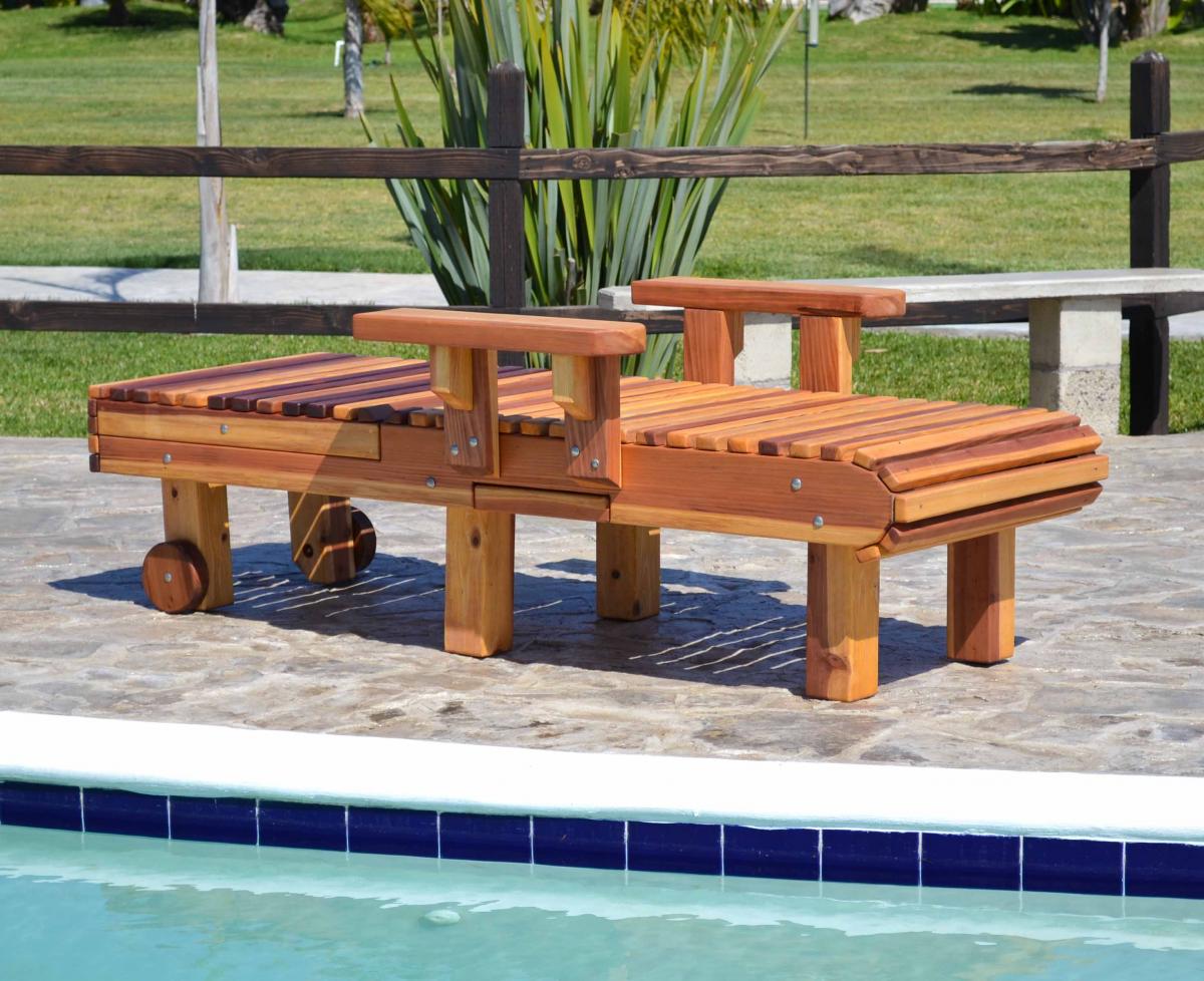 La Grange Redwood Lounger (Options: Single, California Redwood, Snack Tray on Right Side, 13"H, Include Wooden Wheels, No Cushion, Transparent Premium Sealant).