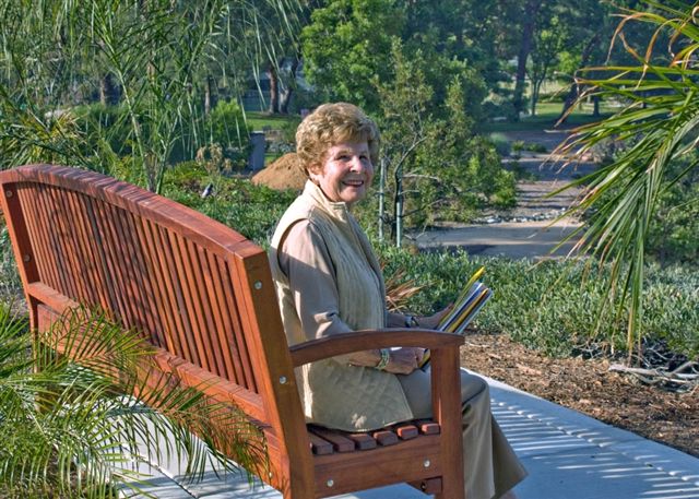 Luna Wood Bench (Options: 8 ft, Old-Growth Redwood, No Cushion, No Engraving, Transparent Premium Sealant). Photo Courtesy of Harriet B. of Mission Viejo, CA.