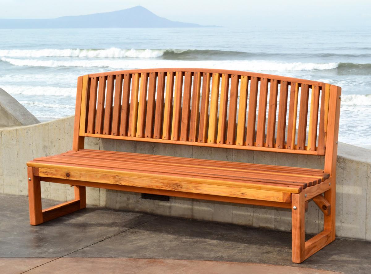 Moonlight Redwood Bench (Options: 6 ft, No Shelf, California Redwood, No Cushion, No Engraving, Transparent Premium Sealant). 