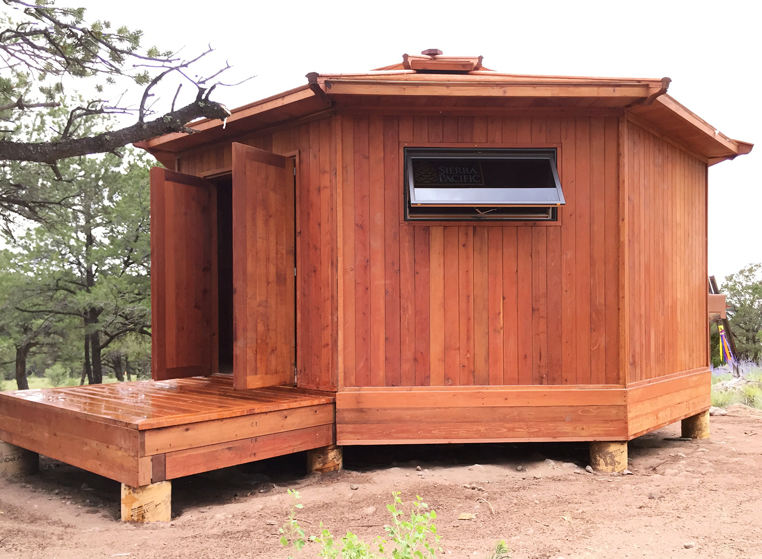 Custom Octagonal Sunroom Gazebo (Options: 20', Deck and Front Stairs by Custom Request, Mature Redwood, 54" H Siding Below Windows, Custom Windows Installed by Customer, 1 Sets of Doors, Transparent Premium Sealant).