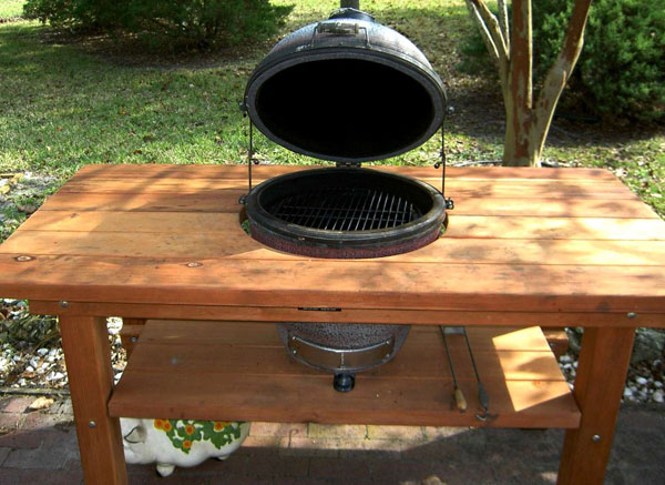 Outdoor Wood Table Built-in Grill Storage Redwood