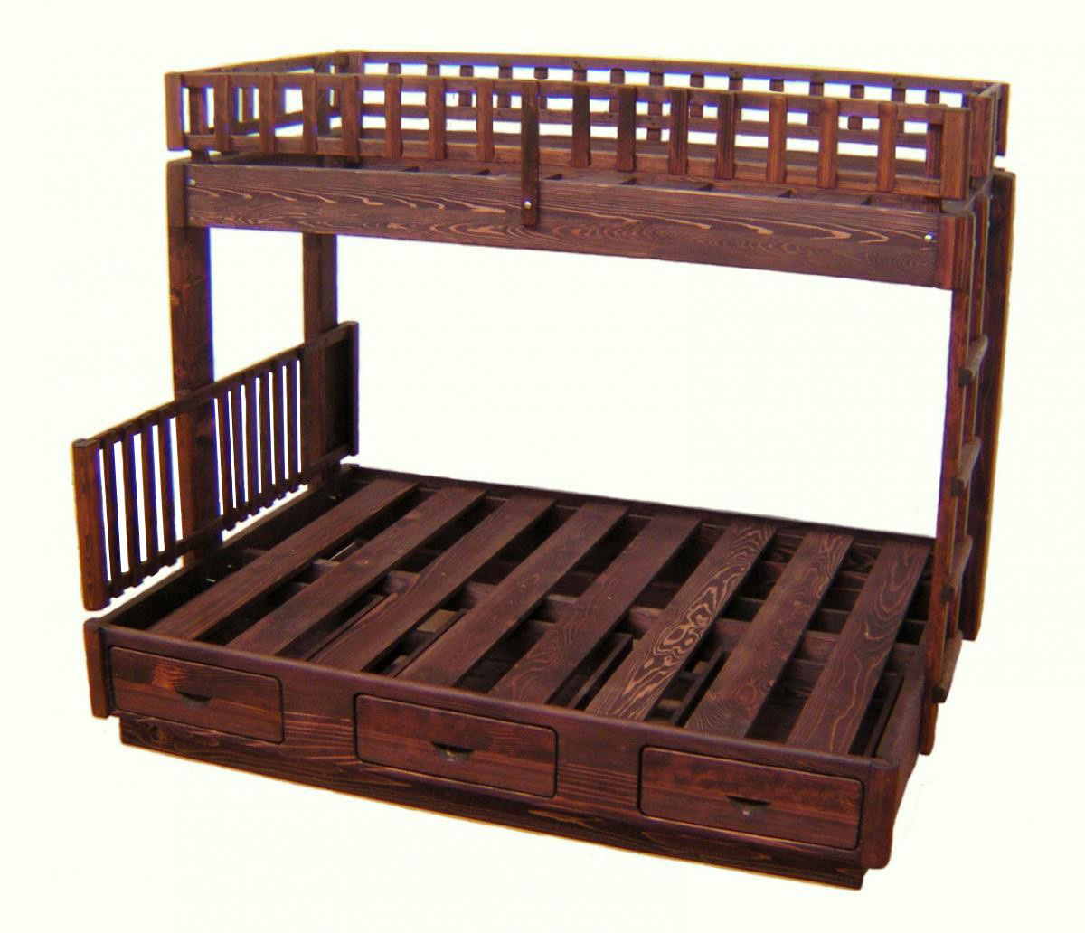 Punta Banda Bunk Beds (Twin over Queen, Douglas-Fir,1 Ladder South Side, 1 Headboard North Side, Standard Style, 1 Set of Drawers, 10" Safety Rails, Coffee Stain)