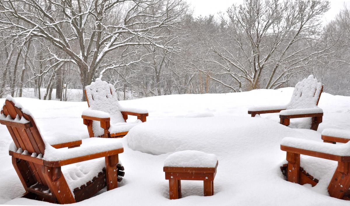 Set of 4 Redwood Adirondack Chair and Square Side Table enjoying another snowy winter. (Options: Standard Size, Mature Redwood, Transparent Premium Sealant). Photo Courtesy of Mary Louise and Gerry Neugent of Des Moines, Iowa.