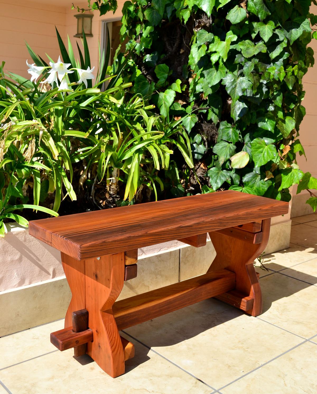Redwood Trestle Bench Custom Outdoor Wooden Bench
