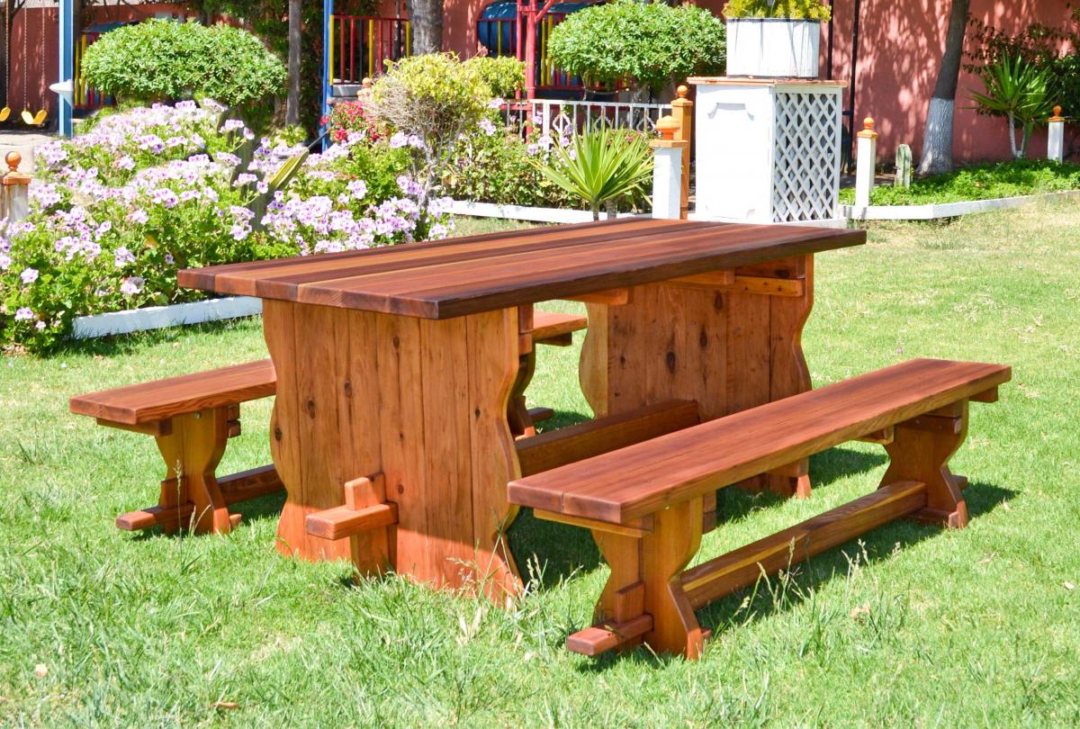 Redwood Trestle Bench, Custom Outdoor Wooden Bench
