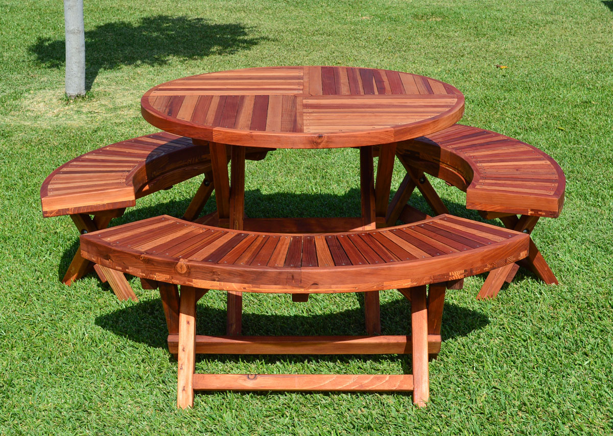 Round Wood Folding Picnic Table With Curved Benches Forever Redwood