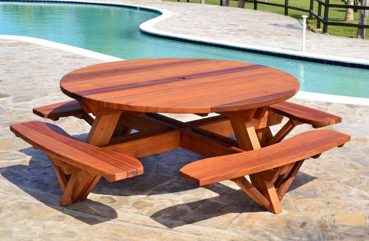 Round Wooden Picnic Table with Attached Benches