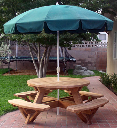 Round Wooden Picnic Table With Attached, Round Wooden Outdoor Table With Umbrella Hole