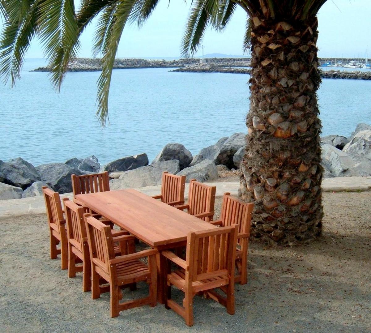 San Francisco Redwood Patio Table (Options: 8' L, 34 1/2" W Tabletop, Chairs, Mature Redwood, 8 Chairs, Ruth Chair Design, All Armchairs, No Cushions, Standard Tabletop, Squared Corners, No Umbrella Hole, Transparent Premium Sealant).