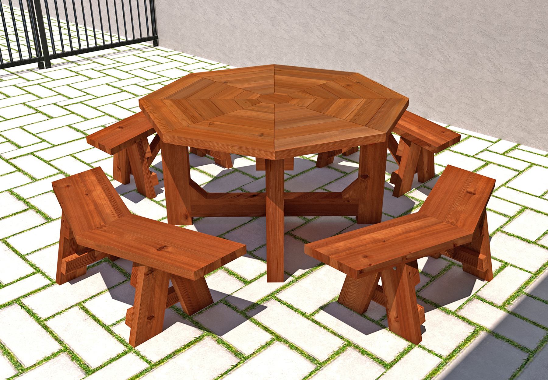 Rendering Shows 5' Diameter Table (Standard Octagonal Design) with 4 V-Wing Benches in California Redwood.