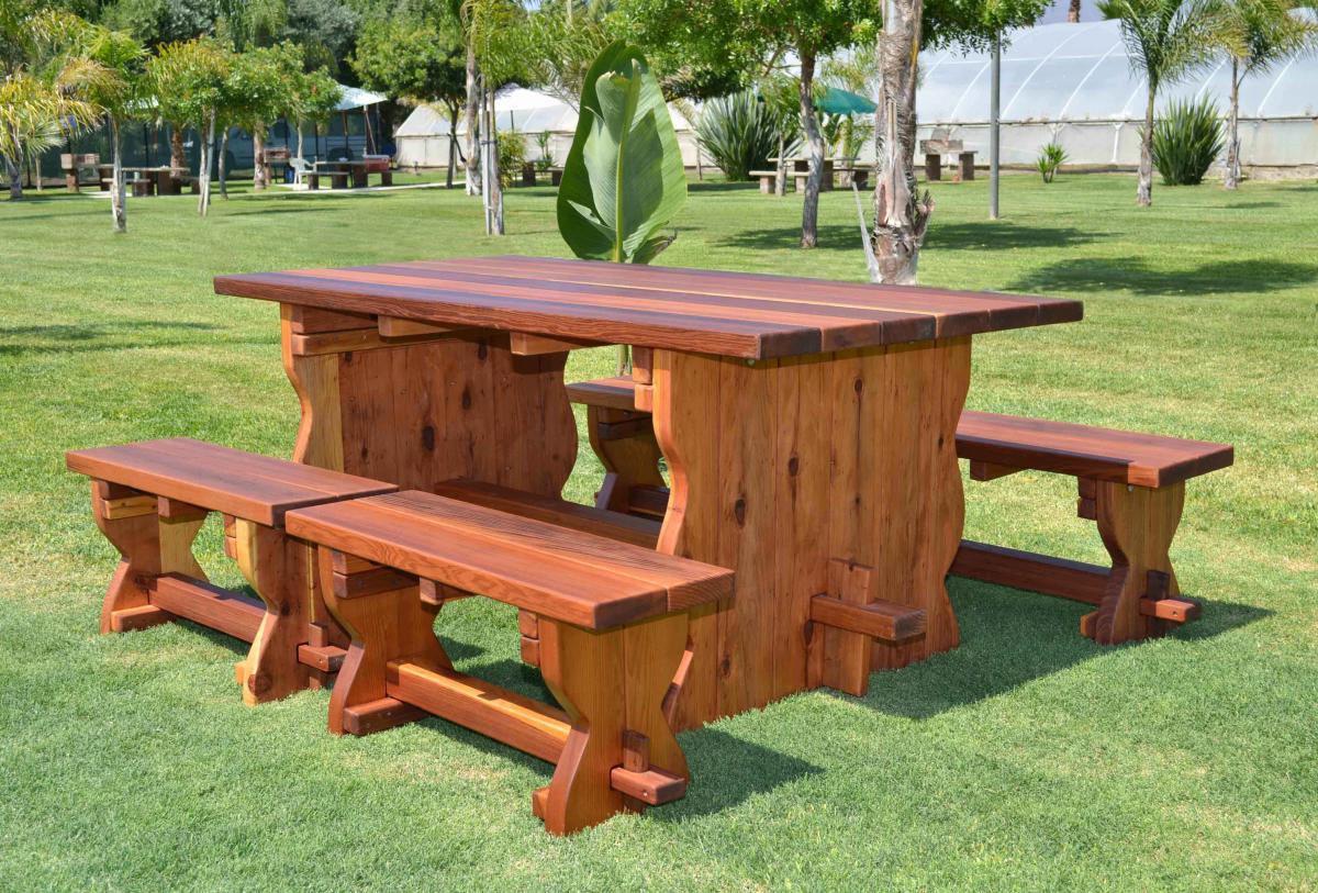 natural wood outdoor dining table with benches