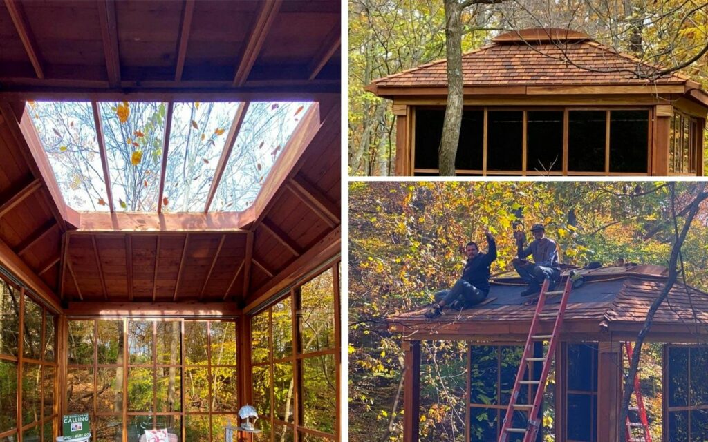 Upper right: wood shingled roof. Lower right: Forever Redwood installation crew. “They did an excellent job.” -Dr. Zee