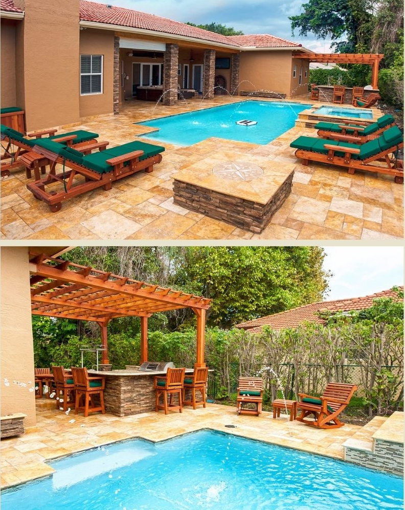 Top: La Grange Redwood Loungers and Adirondack Side Tables. Bottom: Attached Garden Pergola, Redwood Cocktail Bar Stools (left), Ensenada Rocking Chairs with Adirondack Side Table (right). Photo Courtesy of Jorge A. of Miami, FL.