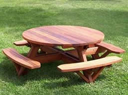 5.5-Foot Round Picnic Table with Attached Benches - Old-Growth Redwood