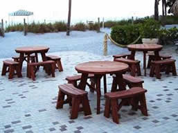 4-Foot Round Picnic Tables with Detached Benches at the Sonesta Beach Resort in Key Biscayne, Florida - Old-Growth Redwood