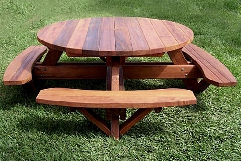 Round Wooden Picnic Table with Attached Benches