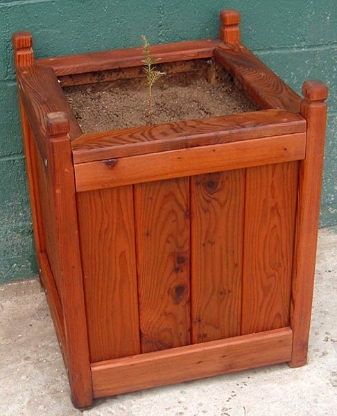 Massive Planter Box with Vertical Boards, Framing, Square Finials, and Feet - Old-Growth Redwood - 24' Square