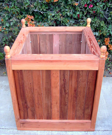 Massive Planter Box with Vertical Boards, Framing, and Oval Finials - Redwood - 30' Square